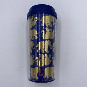 LILLY PULITZER 16 oz Travel Mug Tumbler Blue Gold  Insulated Elephant Design 8”